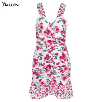 Yiallen Vasaros Mados Gėlių Spausdinti Suknelė Moterims Seksualus Diržas V Kaklo, Rankovių Nėrinių Lady Street Laisvalaikio Klubas Bodycon Mini Suknelės
