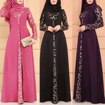 Šalis Elegantiškas Musulmonų Suknelė Moterims ilgomis Rankovėmis Dubajus Kaftan Maxi Suknelė be Hijab Plius Dydis Slim Gėlių Raštas Ilgos Suknelės