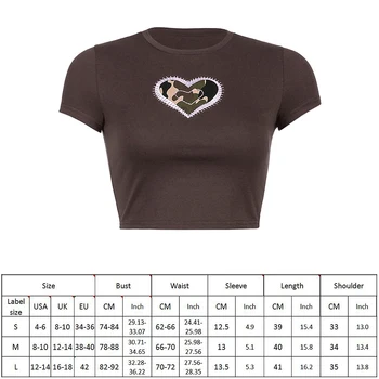 Širdies Siuvinėjimas, Marškinėliai Moterims Cyber Y2k Pasėlių Viršuje Moterims Vasaros Crewneck Harajuku Tshirts Derliaus Indie Estetika Streetwear