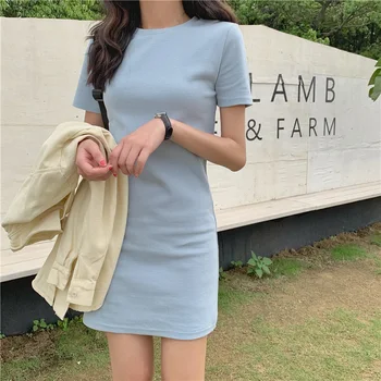 2020 korėjos rausva juoda mėlyna drabužių atsitiktinis midi t-shirt dress office vestido studentų vasaros moteris 