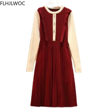 2021 M. Pavasario Žiemos Pagrindinio Dėvėti Fenimine Vestidos Femme Moterų Mados Kratinys Susiėmę Megzti Raudoną Megztinį Suknelė