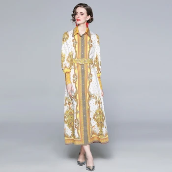 2021 m. pavasarį Moterų Suknelė Elegantiškas Plonas Vintage-line Print Long Sleeve Maxi Suknelės