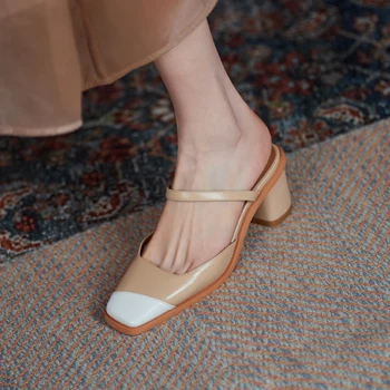 2021 Naujas vasaros Ponios šlepetės natūralios Odos batus, 22-24.5 cm viršutinė karvės odos Storio ir daugiaspalvis susiuvimo aukštos obcasie sandalai
