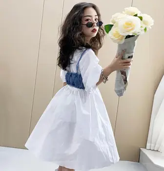 2021 vaikų vasaros medvilnės suknelė baby girl džinsinis diržas top Tube dress vaikų trumpomis rankovėmis suknelė 4-14 metų wz112