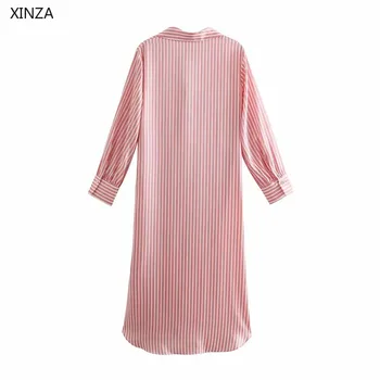 2021 ZA Moterų Rožinis Dryžuotas Marškinėliai Suknelė ilgomis Rankovėmis Ruching Pavasario 