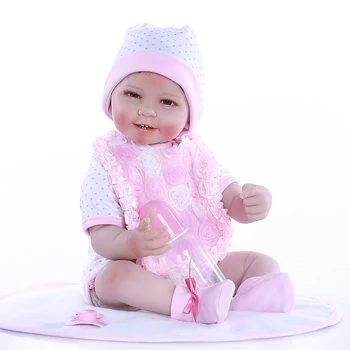 55CM 0-3Month nekilnojamojo baby dydis smile baby dantų realitic reborn baby doll tikroviška, minkšta liesti svertinis kūno lėlės rožinė suknelė
