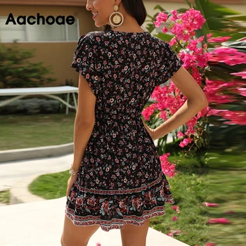 Aachoae Moterų V-Kaklo Gėlių Spausdinti Vintage Suknelė Su Diržo Linijos, Trumpomis Rankovėmis Mygtukai Elegantiškos Suknelės Vasaros Sundress Vestidos