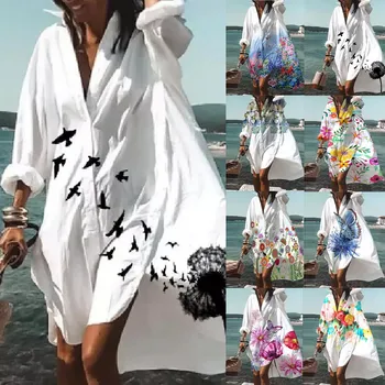 Asmenybės Marškinėliai Suknelė Moterims Baltųjų Gėlių Drugelis Spausdinti Vasaros Suknelės Ilgomis Rankovėmis Mygtukai Cardigan Prarasti Sundress