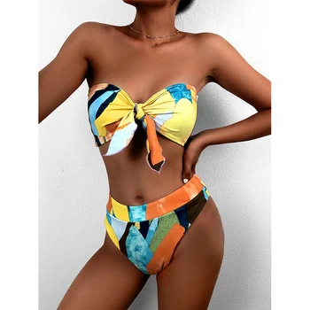 Aukštos juosmens bikini 2021 Bandeau mazgas maudymosi kostiumėlį Colorblock spausdinti maudymosi kostiumėliai moterims Seksualus push maudymosi kostiumą Paplūdimio