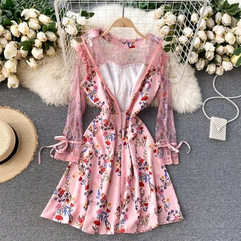 Aukštos Juosmens Pavasario Boho Embridery Šalis-Line Print Gėlių Suknelės Moterų Nėriniai 2021 Suknelė Derliaus Rudenį Elegantiškas Chalatas Ilgomis Rankovėmis