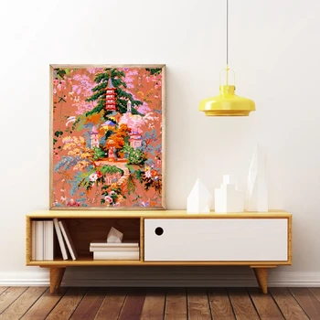 Bijūnų Cherry Blossom Chinoiserie Sienos Meno Tapybos Azijos Tradicinių Derliaus Iliustracija Vaizdas Plakatas Spaudinių Dekoras