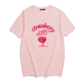 Braškių Pienas T-shirt Mergina Mielas Animacinių filmų Sweet Pink Grafinis Tees E-Girl Kawaii Atsitiktinis Derliaus Moterų Viršūnių Vasaros Streetwear