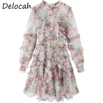 Delocah Naujas 2021 Moterų Vasaros Mados Dizaineris Šalies Midi Suknelė Blyksnius Rankovės Raukiniai Gėlių Spausdinti Ponios A-Line Dresses Vestidos