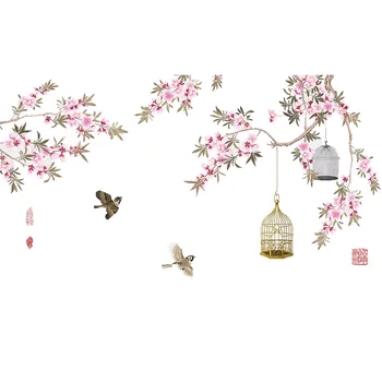 Didelis Kinų Stiliaus Rožinės Gėlės Paukštis Narve Namų Dekoro Sienų Lipdukai Lipni Sienų Lipdukai PVC Paveikslų Kambario Apdaila