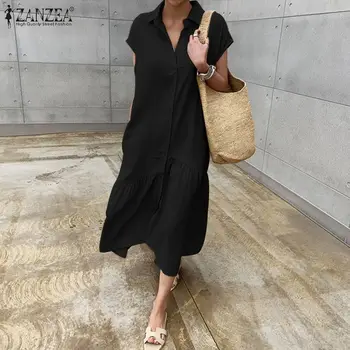 Elegantiškas, Kietas Marškinėliai Suknelė Moterų Vasaros Sundress ZANZEA 2021 Atsitiktinis Trumpas Rankovės Maxi Vestidos Moterų Atvartas Skraiste