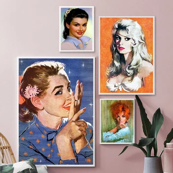 Gražių Moterų Akvarelė 1970 Senovinių Plakatų ir grafikos Merginos Portretas Sienos Menas Drobė Spausdinti Vonios kambarys, Namų Dekoro