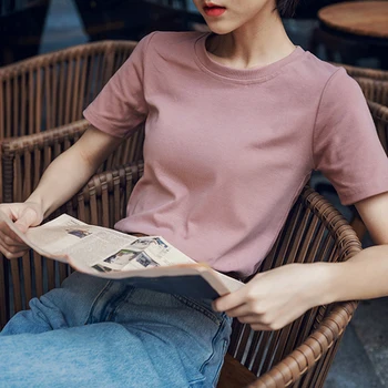HAN trumparankoviai marškinėliai moterims vasaros naują stilių ruožas medvilnės apvalios kaklo multi-color pagrindinio paprasta dugno marškinėliai visas rungtynes