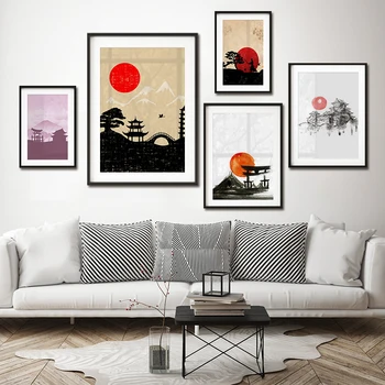 Japonų Stiliaus Akvarelės Dažai, Tapyba Šventykla Samurajus Saulėlydžio Plakatas Drobė Spausdinti Sienos Menas Nuotraukas Kambarį Namų Dekoro