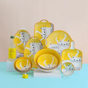 Japonų stiliaus mielas animacinių filmų namų animaciją kačių indai stalo įrankiai sriubos dubenėlį makaronų dubenį patiekalų kūrybinės keramikos vakarienė plokštės