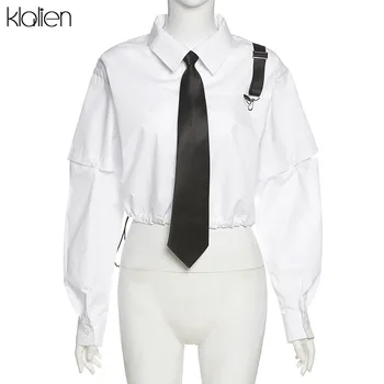 KLALIEN mados paprasta kolegija stiliaus kietas medvilnės baltas moterų marškinėliai ilgomis rankovėmis, kaklaraištis, purus, saldus, mielas marškinėliai moterims 2020 naujas
