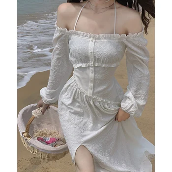 Korėjos 2021 M. Vasarą Lace-Up Dizainas Vieną Petį, Baltas Dirželis Suknelės Moterims Ilgomis Rankovėmis Elegantiška Suknelė Beach Party Vienas Gabalas Suknelės
