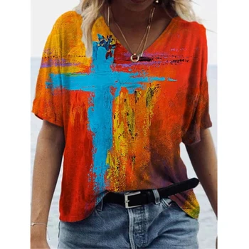 Mados Moterų Grafiti Kryžiaus Spausdinami T Marškinėliai trumpomis Rankovėmis Viršūnes Ponios V-kaklo Plius Dydžio Palaidinė Atsitiktinis Laisvi Marškinėliai