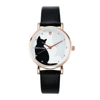 Mados Moterų Laikrodžiai, Apyrankės Rinkinys Kačių Modelio Juodos Žiūrėti Ponios Atsitiktinis Odinis Dirželis Riešo Prabangūs Laikrodžiai Kvarcinis Laikrodis