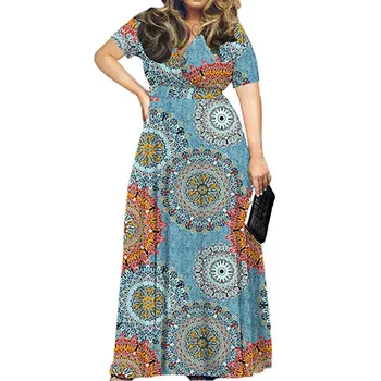 Mados Summer Maxi Dress Moterų Spausdinti Sundress Atsitiktinis Trumpas Rankovės Ilga Suknelė Vestidos Aukšto Liemens Apdaras Plus Size #T3G