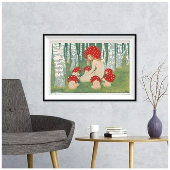 Meno Miško dekoro Senovinių miškų Drobė Spausdinti Tapybos Motina Grybo su savo vaikais Derliaus menas spausdinti Plakato Grybų sienos