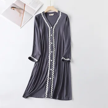 Modalinis Nightdress Cardigan Nėrinių ilgomis Rankovėmis Moterų Sleepwear Vidurio Ilgio Suknelė, naktiniai drabužiai Namų Drabužių Pavasario Nightgowns Karšto Pardavimo