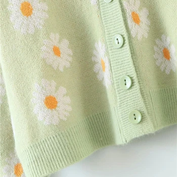 Moterims Gėlių Megztiniai Megztinis Apkarpytos Viršuje Negabaritinių Žalią Mygtuką Žemyn Megztinis V-Kaklo, ilgomis Rankovėmis Pavasario Saldus Outwear Y2K Rudenį 2021
