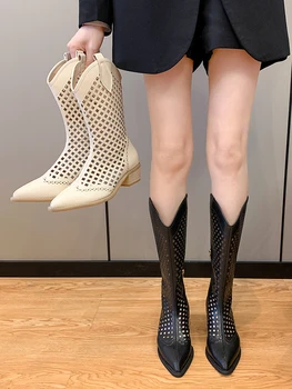 Moteriški bateliai ilgi batai pavasario 2021 naujas stilius storas kulnas pažymėjo tne mados pusėje užtrauktukas tuščiaviduriai kvėpuojantis riteris batai
