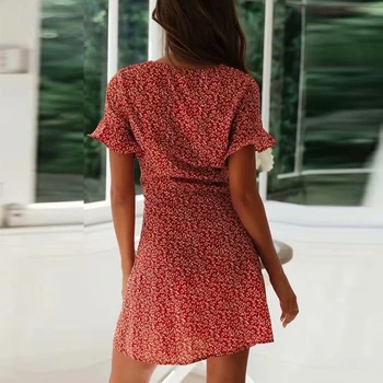 Moterų Vasaros Derliaus Mini Marškinėliai Suknelė 2021 Trumpomis Rankovėmis V-Kaklo Gėlių Spausdinti Moterų Elegantiškas Saldus Gatvės Suknelės, Drabužiai