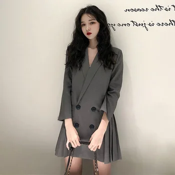 Moterų Švarkas Suknelė Mados Naujų Juoda Biuro Saldus Korėja Gatvės Lady Atsitiktinis Ilgomis Rankovėmis Preppy Studentas Mini Plisuotos Suknelės