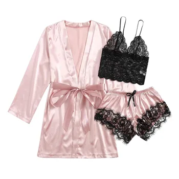 Naujas 3 Gabalus Moterų Pižama Rinkiniai Šilko Pižama Sleepwear Rinkiniai, Elegantiškas, Seksualus Nėriniai Mados Atsitiktinis Namų Drabužius, naktiniai drabužiai #t2g