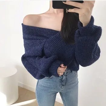 Qiu dong korėjos mažai asmenybės kašmyro megztinis sutartis šiltas šiltas ir seksualus off-the-pečių crossover v-kaklo džemperis