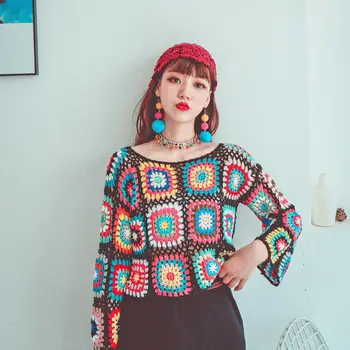 Retro ilgomis rankovėmis megztinis 2021 m. pavasario ir vasaros mados moterų trumpą cut-out palaidinė etninės atsitiktinis megzti megztinis