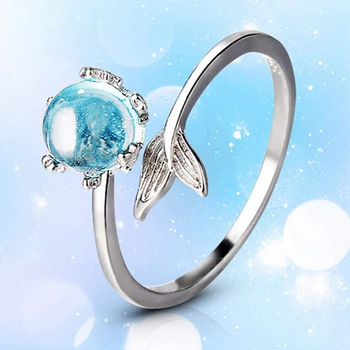 Sidabro Spalvos Slidinėti Blue Gem Kristalų Undinė Burbulas Atidaryti Žiedai Moterų Kūrybos Mados Šalis Gimtadienio Dovana, Papuošalai