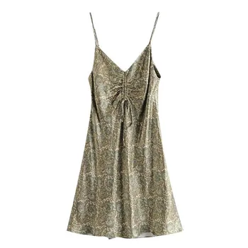 Spageti Dirželis Suknelė Moterims 2021 Elegantiškos Mados Paisley Jaukus Lankas Mini Suknelė Vintage V Kaklo Reguliuojami Dirželiai Camisole Suknelės