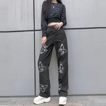 Streetwear Moterų Džinsus, Kelnes 2021 M. Pavasario Vasaros Y2k Džinsinio Audinio Kelnės Aukštos Juosmens, Tiesios Kojos Su Spausdinimo Egirl Stilius Ponios Dugnas