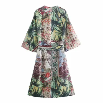 TRAF Za 2021 M. Vasaros Derliaus Spausdinti Kimono Stiliaus Prarasti Midi Suknelė Moteris Mados Su Diržo Atsitiktinis Suknelės ilgomis Rankovėmis Kišenėje Skraiste