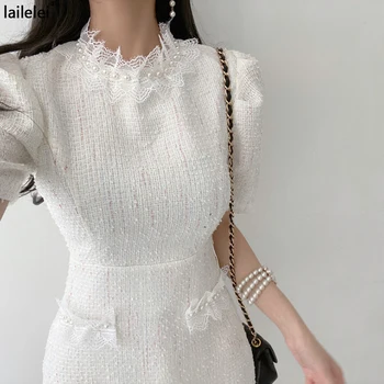 Tvido Nėrinių O-Kaklo Trumpą Suknelę Sluoksniuotos Rankovėmis Balti Vestido Curto Vasaros 2021 M. Derliaus Elegantiškas Biuras Rožinė Korėjos Mielas Skraiste Femme