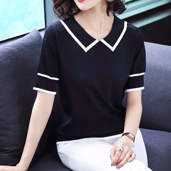 Vasaros Trumpomis Rankovėmis Juostele Plonas Megztas T-Shirt Moterims Korėjos Stiliaus Trumpas Trikotažas Viršūnes 2021 Naujas Mados Puloveris Tees Moteris