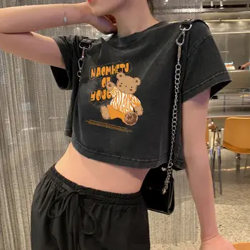 Vasarą Cartoon Spausdinti Harajuku T-marškinėliai Moterims Slim Trumpas Rankovės Apkarpyti Viršūnes Seksualus Retro Medvilnės Drabužius Studentų Kvėpuojantis Outwear