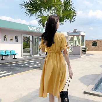VIVONE susirasti naujų vasaros Ling saldus citrinų geltona trumpas rankovėmis suknelė ne gryna spalva rodo, plona, elastinga juosmens v-kaklo suknelė