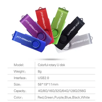 WANSENDA 256 GB Sukimosi USB Flash Drive, Metalo Pen Drive 16GB 32GB 64GB 128GB Pendrive Flash Drive 4GB 8GB USB 2.0 Atminties kortelė