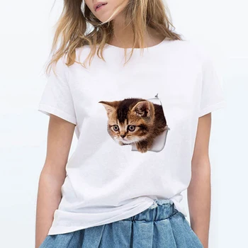 2019 Nauja, T-shirt Sužavėjo 3D katė Spausdinti Atsitiktinis Harajuku Moterų Marškinėliai Vasaros trumpomis rankovėmis 0-kaklo Estetinės Marškinėliai Femme drabužiai