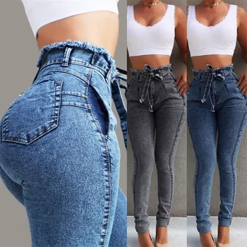 2021 Greitai-pardavimo atsitiktinis moterų džinsus su elastinga kutais diržų ir aukštos juosmens