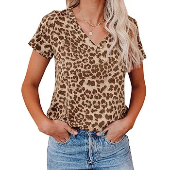 2021 Vasaros trumparankoviai Leopardas Spausdinti Kamufliažas Spausdinti V-kaklo marškinėliai Atsitiktinis Top Moterims