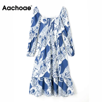 Aachoae Moterų Retro Atspausdinta Suknelės 2021 Sluoksniuotos Ilgomis Rankovėmis Chic Midi Suknelė Aikštėje Apykaklės Linijos, Elegantiškas Suknelė Skraiste Femme